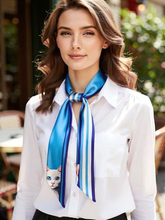 Vitaliselanfashion Kadın Mavi Çizgili ve Kedi Desenli Fular – Gömlek, Blazer ve Çanta İçin Uygun– Hediye Alternatifi