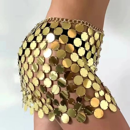 Vitaliselanfashion Kadın Parlak GoldPul Mini Etek Gece Kombin Festival Stil,Şakira Zincirli İşlemeli Etek Şık Kombini