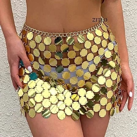 Vitaliselanfashion Kadın Parlak GoldPul Mini Etek Gece Kombin Festival Stil,Şakira Zincirli İşlemeli Etek Şık Kombini
