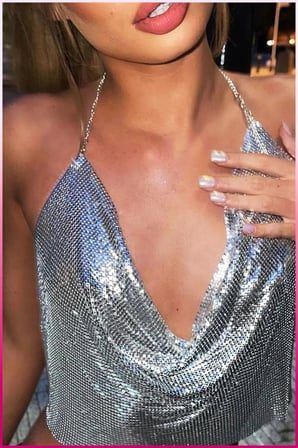 Vitaliselanfashion Parlak Gümüş Zırh Bustiyer,Kadın Seksi Zarif Crop
