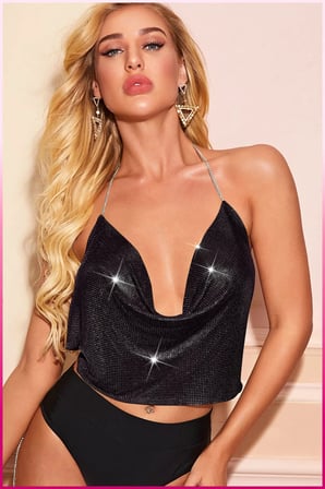 Vitaliselanfashion Kristal Siyah Taşlı Parlak Crop & Bluz Kolsuz Kayık Yaka Parti Plaj Büstiyer