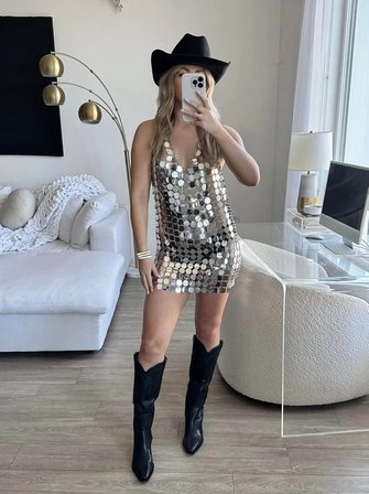 Vitaliselanfashion Gümüş Zincirli Parlak Pul Mini Elbise Festival Club Sahne Kostümü,Seksi Sahne Elbisesi,Parti Cosplay