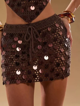Vitaliselanfashion Kadın Kahve El Yapımı Plaj Pareosu–Payet Detaylı Bohem Etek,Plaj ve Tatil Kombini,İç Giyim