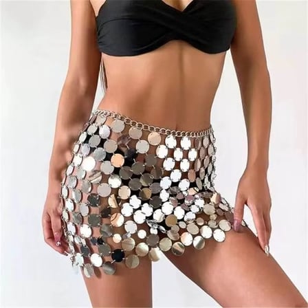 Vitaliselanfashion Kadın Parlak Gümüş Pul Mini Etek Gece Kombin Festival Stil,Şakira Zincirli İşlemeli Etek Şık Kombini