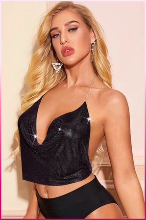 Vitaliselanfashion Kristal Siyah Taşlı Parlak Crop & Bluz Kolsuz Kayık Yaka Parti Plaj Büstiyer