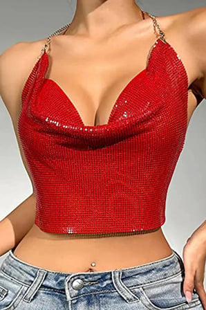 Vitaliselanfashion Kristal Kırmızı Taşlı Parlak Crop & Bluz Kolsuz Kayık Yaka Parti Plaj Büstiyer