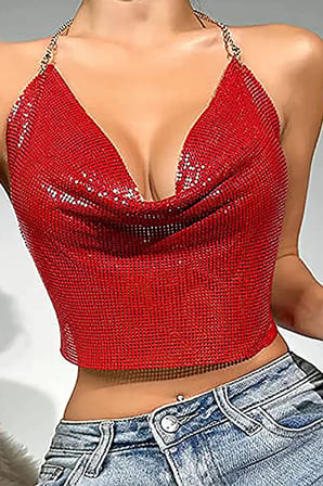 Vitaliselanfashion Kristal Kırmızı Taşlı Parlak Crop & Bluz Kolsuz Kayık Yaka Parti Plaj Büstiyer