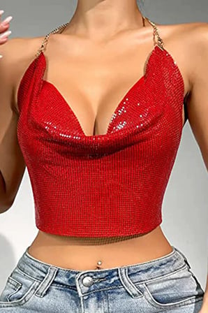 Vitaliselanfashion Kristal Kırmızı Taşlı Parlak Crop & Bluz Kolsuz Kayık Yaka Parti Plaj Büstiyer