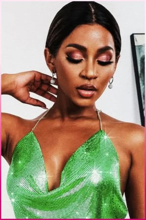 Vitaliselanfashion Kristal Yeşil Taşlı Parlak Crop & Bluz Kolsuz Kayık Yaka Parti Plaj Büstiyer
