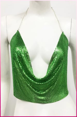 Vitaliselanfashion Kristal Yeşil Taşlı Parlak Crop & Bluz Kolsuz Kayık Yaka Parti Plaj Büstiyer