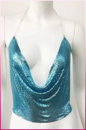 Vitaliselanfashion Kristal Mavi Taşlı Parlak Crop & Bluz Kolsuz Kayık Yaka Parti Plaj Büstiyer