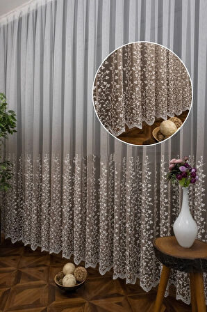 Bej Vizon Açık Kahve Renk Sağ Sol Kanat Fon ve İç Tül Takım Kombin Papatyalı Degrade Tül Perde