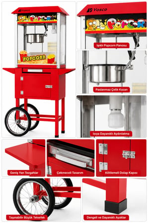 Vosco Arabalı Otomatik Patlamış Mısır Makinesi 1600W Profesyonel Popcorn Makinesi