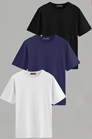 Erkek Beyaz-siyah-laci Slim Fit Bisiklet Yaka Pamuk Elastan 3'lü Basic Tişört