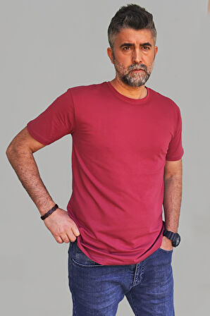 Erkek Bordo Slim Fit Bisiklet Yaka Pamuk Elastan Basic Tişört