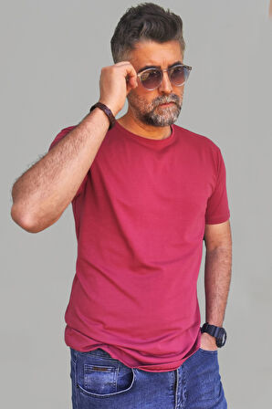 Erkek Bordo Slim Fit Bisiklet Yaka Pamuk Elastan Basic Tişört