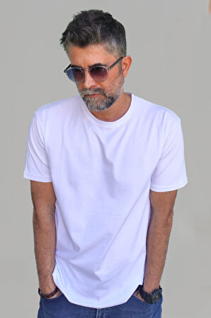 Erkek Beyaz Slim Fit Bisiklet Yaka Pamuk Elastan Basic Tişört