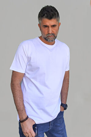 Erkek Beyaz Slim Fit Bisiklet Yaka Pamuk Elastan Basic Tişört
