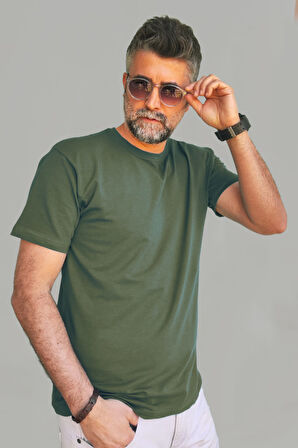 Erkek Yeşil Slim Fit Bisiklet Yaka Pamuk Elastan Basic Tişört