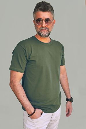 Erkek Yeşil Slim Fit Bisiklet Yaka Pamuk Elastan Basic Tişört