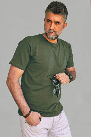 Erkek Yeşil Slim Fit Bisiklet Yaka Pamuk Elastan Basic Tişört