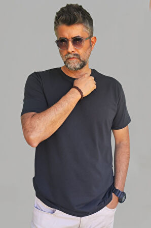 Erkek Siyah Slim Fit Bisiklet Yaka Pamuk Elastan Basic Tişört