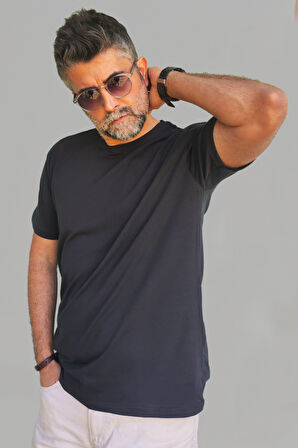 Erkek Siyah Slim Fit Bisiklet Yaka Pamuk Elastan Basic Tişört