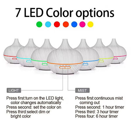 550 ML Uzaktan Kumandalı Ultrasonik Aroma Difüzör Zaman Ayarlı Hava Nemlendirici Humidifer Işıklı