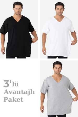 Günlük Giyim Penye Üst Konforlu Giysi 3'lü Paket Renkli Erkek V Yaka Kısa Kollu Büyük Beden Tişört
