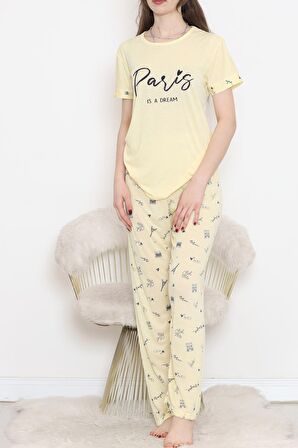 Premium Konfor Modeli Beli Lastikli Kısa Kollu Sarı Desenli Rahat Pamuklu Pijama Takımı 130.