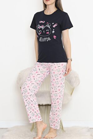 Premium Konfor Modeli Beli Lastikli Kısa Kollu Siyah Desenli Rahat Pamuklu Pijama Takımı 1850