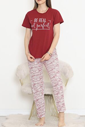 Premium Konfor Modeli Beli Lastikli Kısa Kollu Bordo Desenli Rahat Pamuklu Pijama Takımı 1850