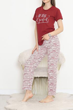 Premium Konfor Modeli Beli Lastikli Kısa Kollu Bordo Desenli Rahat Pamuklu Pijama Takımı 1850