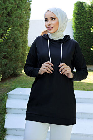 Kapüşonlu Konfor Modeli Oversize Salaş Hoodie Uzun Tayt Üstüne Tunik Tesettür Sweatshirt 10035