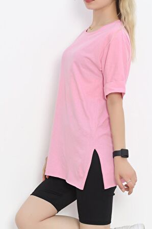 Kadın Pembe Bisiklet Yaka Salaş Kesim Yırtmaçlı Pamuklu Basic Duble Kol Oversize T-shirt - 9611