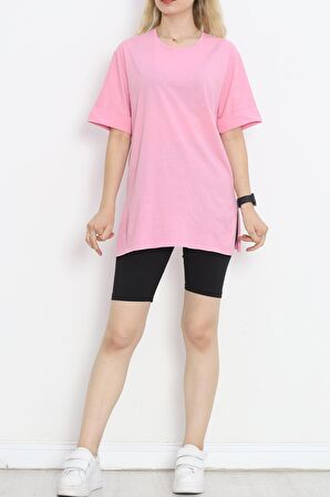 Kadın Pembe Bisiklet Yaka Salaş Kesim Yırtmaçlı Pamuklu Basic Duble Kol Oversize T-shirt - 9611