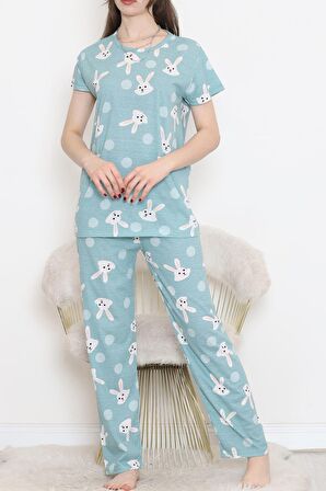 Premium Konfor Modeli Beli Lastikli Kısa Kollu Mavi Desenli Rahat Pamuklu Pijama Takımı 130.