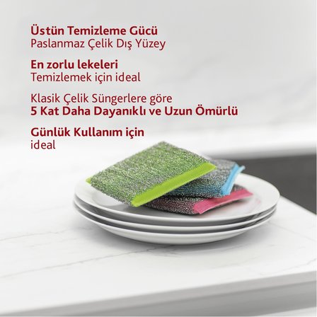 Vileda 3 lü Power Inox COLORS Çelik Bulaşık Sünger