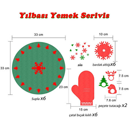 Yeniyıl Yılbaşı Noel 24 parça 6 kişilik Amerikan Yemek Servis Supla Bardak Altlığı Peçete Çatal Seti