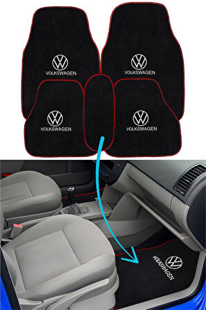 Volkswagen Nakış İşlemeli 5 Parça Araç Oto Halı Paspas | Kırmızı Kenarlı Volkswagen Nakışlı Paspas