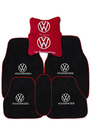 Volkswagen Nakış İşlemeli 5 Parça Araç Oto Halı Paspas | Volkswagen Kırmızı Polar Oto Boyun Yastığı