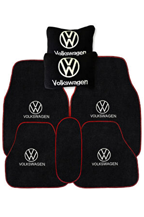 Volkswagen Nakış İşlemeli 5 Parça Araç Oto Halı Paspas | Volkswagen Siyah Polar Oto Boyun Yastığı