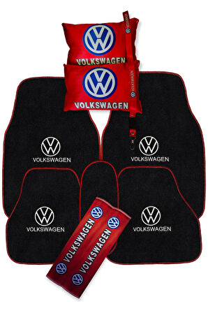 Volkswagen Nakışlı Oto Halı Paspas | Volkswagen Dijital Baskılı Kırmızı Yastık & Emniyet Kemer Pedi