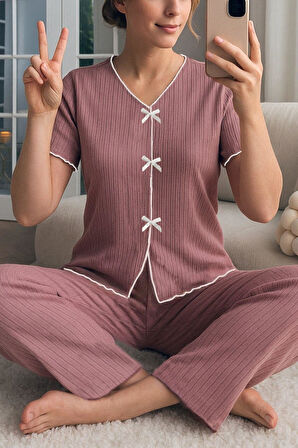 Gül Kurusu Fiyonklu V Yaka Yazlık Pijama Takımı 7315