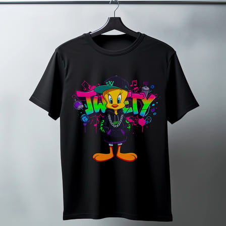 Tweety Graffiti Baskılı Unisex Siyah Oversize Tişört - 24/1 Penye