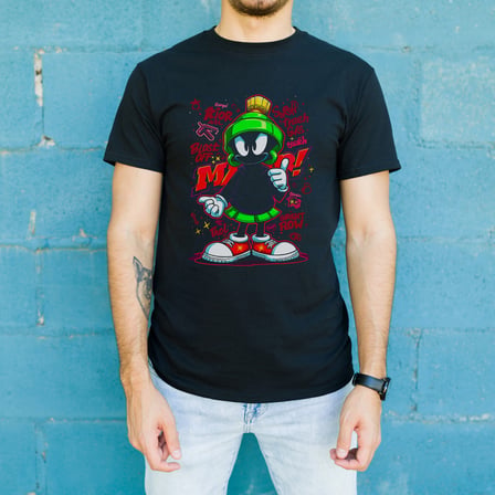 Marvin the Martian Graffiti Baskılı Unisex Siyah Tişört - 24/1 Penye Pamuklu