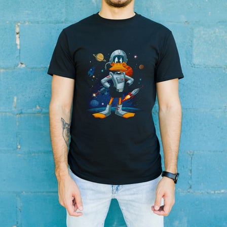 Duck Dodgers Uzay Baskılı Unisex Siyah Oversize Tişört - 24/1 Penye