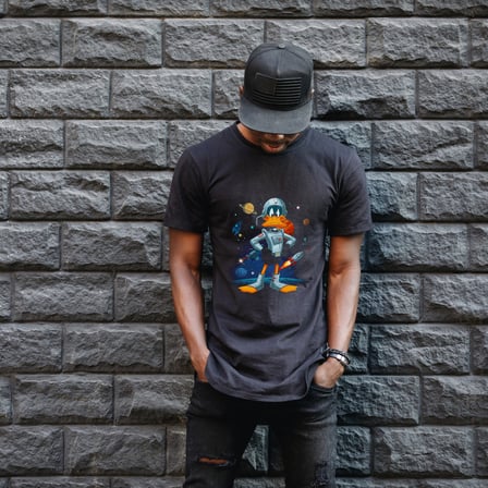 Duck Dodgers Uzay Baskılı Unisex Siyah Oversize Tişört - 24/1 Penye