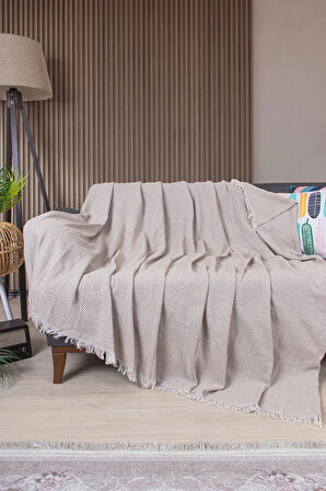 Pamuklu Zikzak Desenli Püsküllü Koltuk Örtüsü 170X210 cm | Dekoratif ve Çok Amaçlı