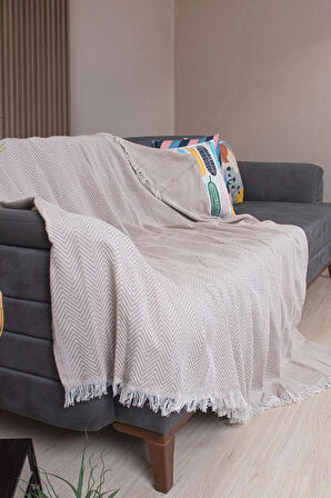 Pamuklu Zikzak Desenli Püsküllü Koltuk Örtüsü 170X210 cm | Dekoratif ve Çok Amaçlı